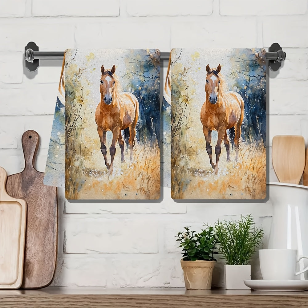 Set of 2 Coastal Horse Design Kitchen Towels, Made of Highly Absorbent Polyester Knit Fabric, Easy to Clean in the Washing Machine, Featuring a Modern Contemporary Style, Size 40.64x60.96 cm - Model Number 2KYSYS1218557, Horse Themed Towels for the