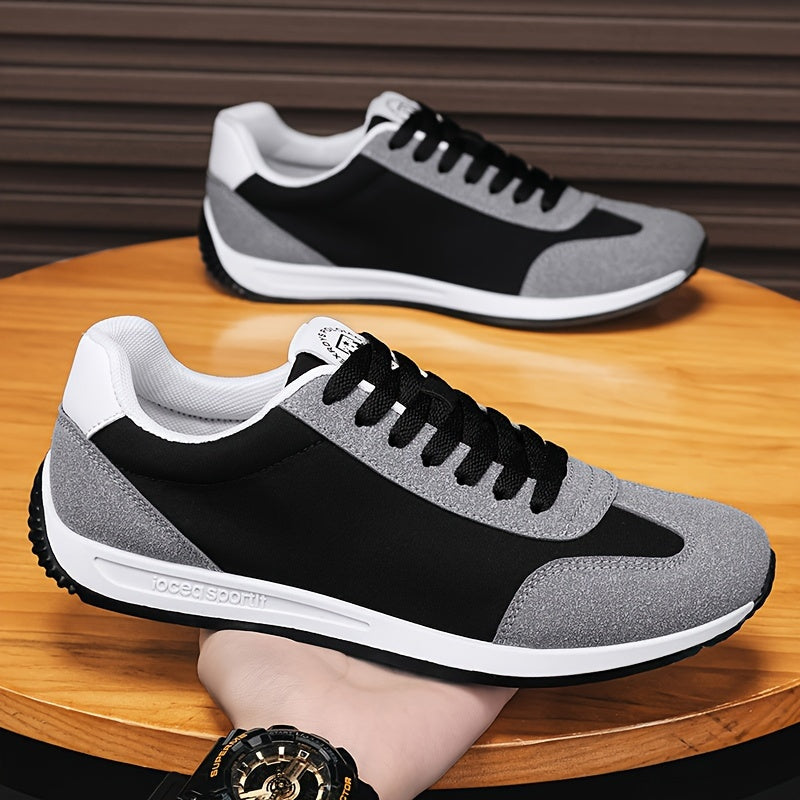 Men's casual sports sneakers with breathable fabric, low top, round toe, lace-up, geometric pattern, solid color, PVC sole, EVA insole for running, exercise, hiking & outdoor activities all