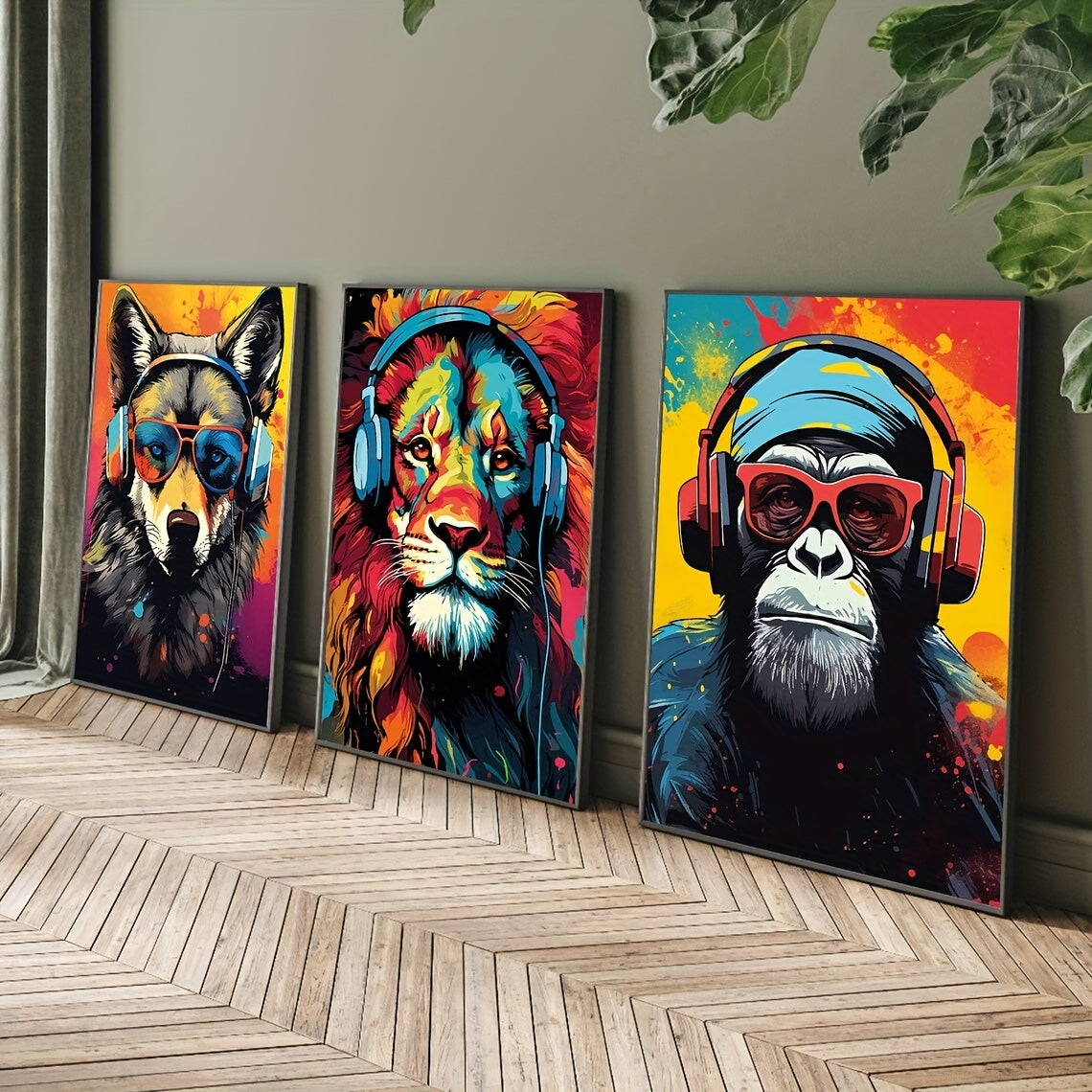 Canvas posters featuring modern art of animal earphones - tiger, wolf, and chimpanzees. Ideal for gifting or decorating bedrooms, living rooms, or corridors. No frame included.