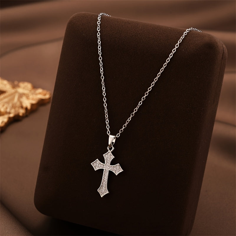 Stylish 18K Gold Plated Titanium Steel Cross Pendant Necklace adorned with Rhinestones, Adjustable Clavicle Chain perfect for Everyday Wear, Gender-Neutral Jewelry option