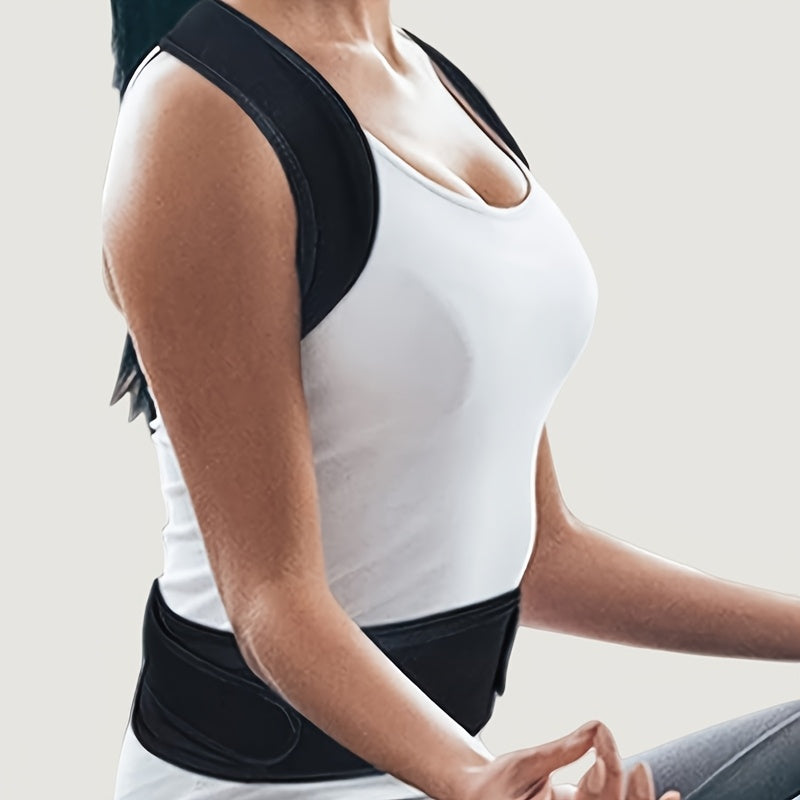 Unisex posture corrector back brace made of knit fabric, neoprene, polyester, and nylon. Adjustable waist protector for spine alignment with breathable design for year-round use.