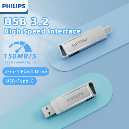 128GB USB C Flash Drive with dual USB 3.2 and Type C, metal swivel design, up to 150MB/s read speed, portable for various devices.