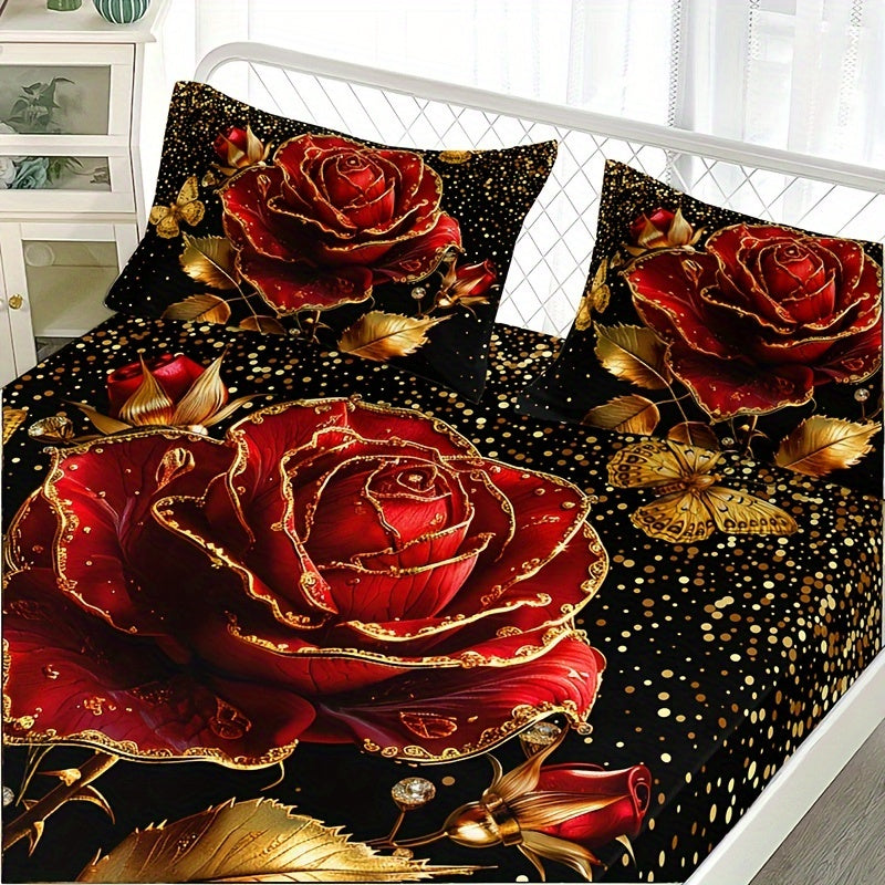 3pcs Golden Rose Floral Digital Print Bedding Set made of 100% polyester. Includes fitted sheet and pillowcases with deep pockets. Machine washable.