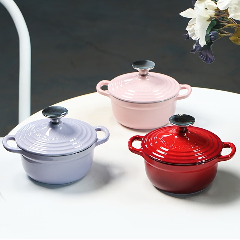 Enameled cast iron health pot, versatile for cooking rice and other dishes on induction, ceramic, electric, halogen, and gas cooktops. Comes in two sizes: 30.4oz and 60.8oz. Boasts enamel non-stick coating for easy cleaning.