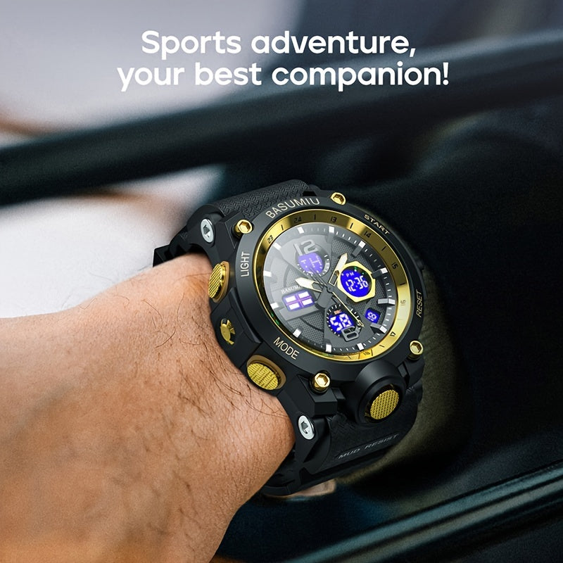 Digital sports watch for men with a waterproof tactical military design. Features dual display electronic movement and luminous detailing. Comes with a PC case, TPU strap, and non-rechargeable button battery. Rated IPX7 for water resistance.