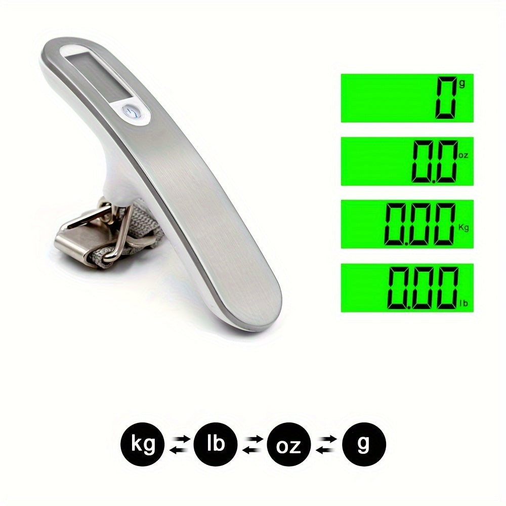 Portable LCD digital luggage scale with a 110lbs/50kg capacity and steelyard hook for travel and fishing.