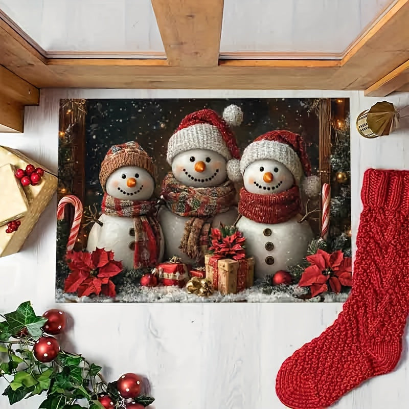 Get into the holiday spirit with our Festive Snowman Welcome Doormat! Made with non-slip, washable polyester, this Christmas floor mat features a vibrant snowmen and poinsettia design that is ideal for doorways, living rooms, bathrooms, and balconies.