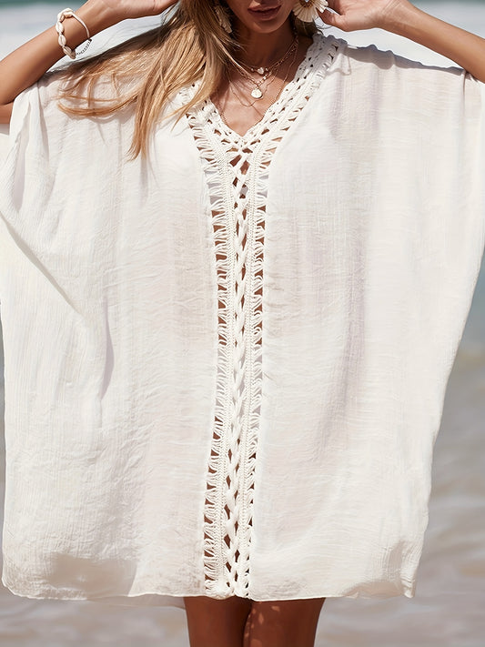 Casual V Neck Crochet Trim Cover Up Dress for Beach Holiday