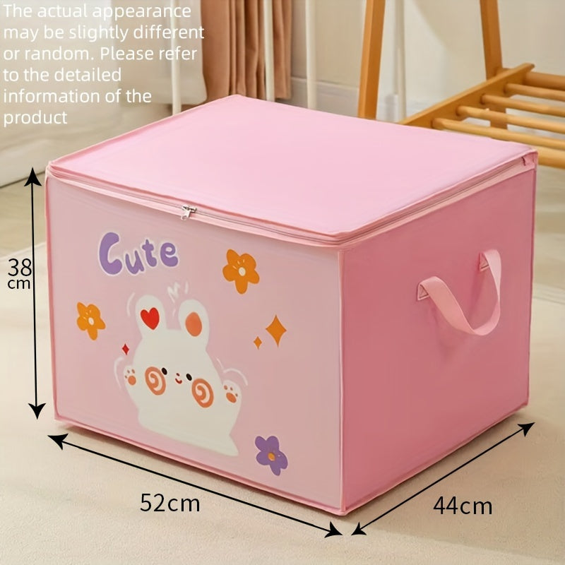 Foldable Storage Organizer with Zipper - Plastic, Cute Cartoon Design, Freestanding, Moisture-Proof Bins for Clothes, Quilts, Luggage - Multipurpose with Double Handle