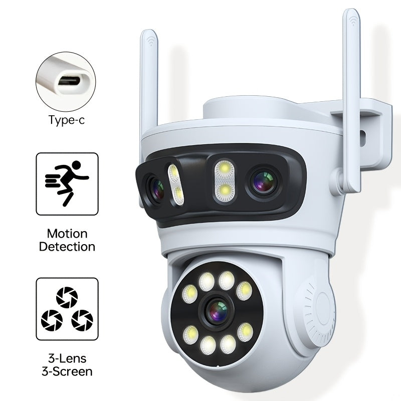 Wireless Smart Home Security Camera with Triple Lens Technology - Features 360° Pan/Tilt, AI Human Detection, Color Night Vision, and WiFi Connectivity for Remote Monitoring.