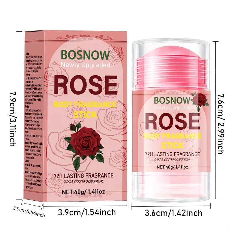 1pc BOSNOW Rose Body Fragrance Stick, 40g/1.41oz, Long-lasting floral scent, moisturizing deodorizer, alcohol-free, suitable for men and women, fresh and pleasant skin experience.