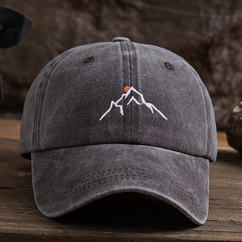 Embroidered Mountain Peak Baseball Cap - Adjustable, Curved Brim Ideal for Hiking & Fishing, Machine Washable