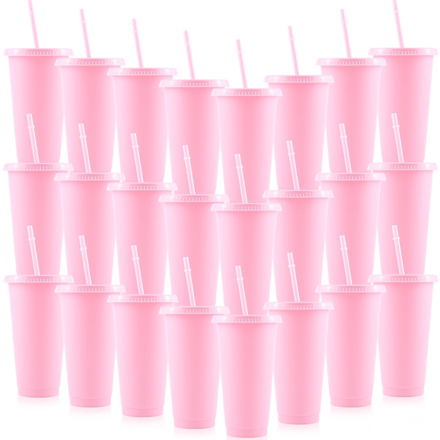 5/10 Pink plastic tumblers with lids and straws, 24oz, ideal for summer parties and poolside use. Hand wash only, PVC free. Great for gifts and decorations.