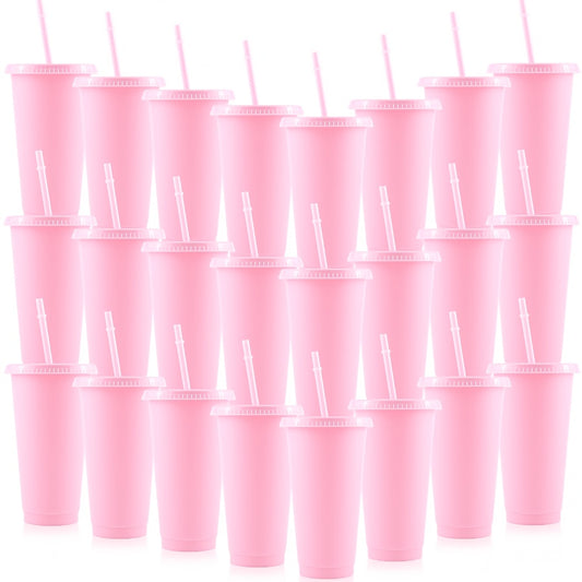 5/10 Pink plastic tumblers with lids and straws, 24oz, ideal for summer parties and poolside use. Hand wash only, PVC free. Great for gifts and decorations.