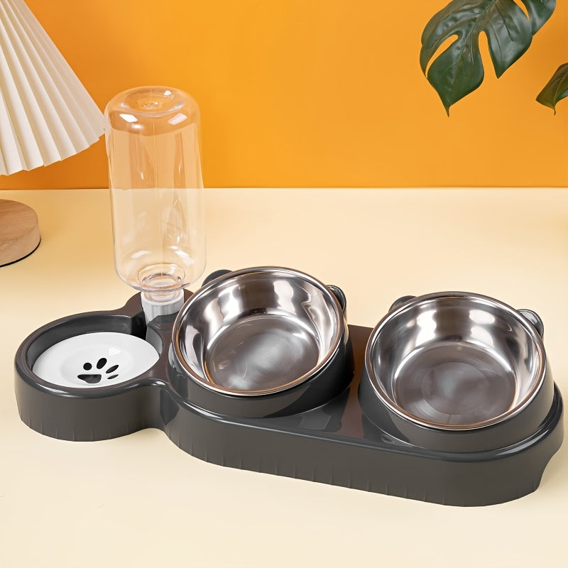 Dual bowl pet feeder and water dispenser made of stainless steel and plastic with easy sloped design for cats and dogs.