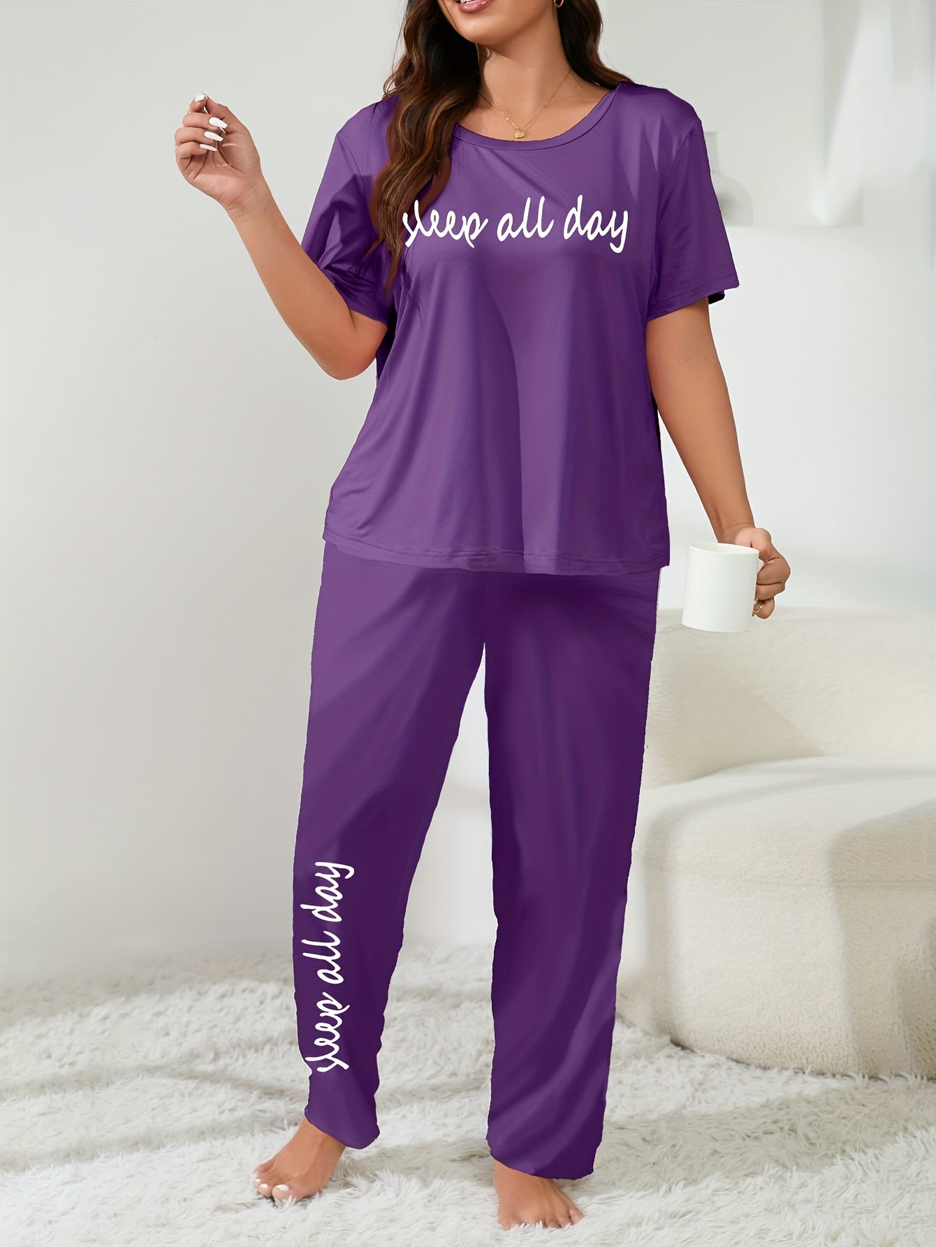 Women's Plus Size Casual Lounge Set with Slogan Print Tee & Pants