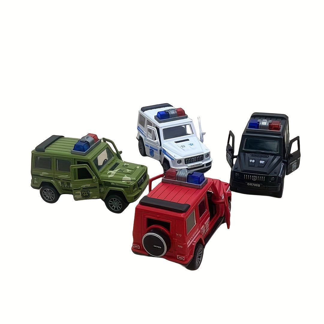 Durable toy cars with openable doors, police car, fire truck, and off-road models.