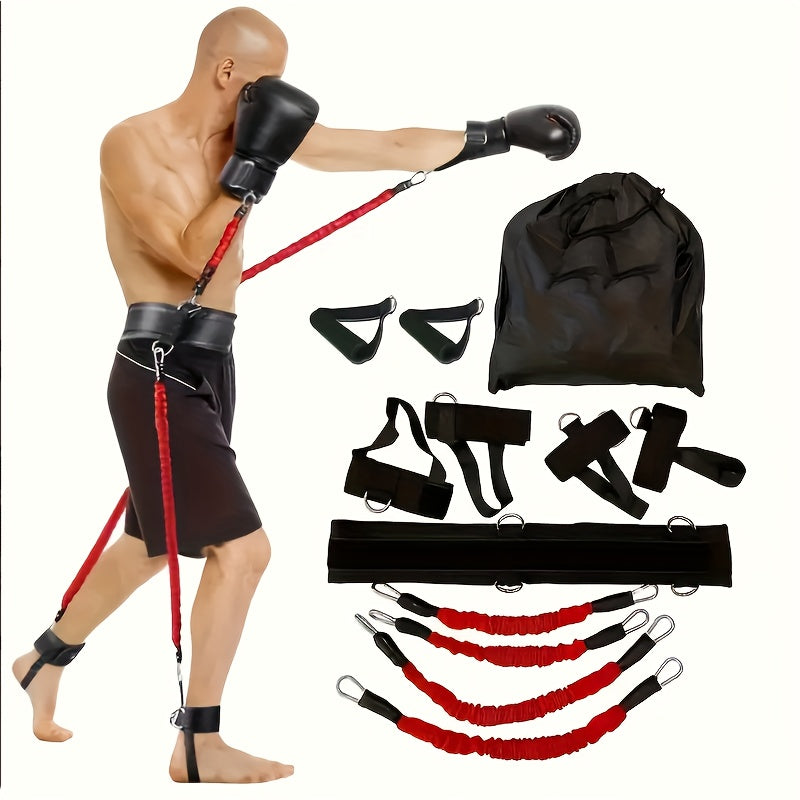 12pcs heavy duty MMA boxing resistance bands set for full body workout, strength/speed/agility improvement, suitable for Taekwondo and indoor fitness. Great for leg and arm training, adult