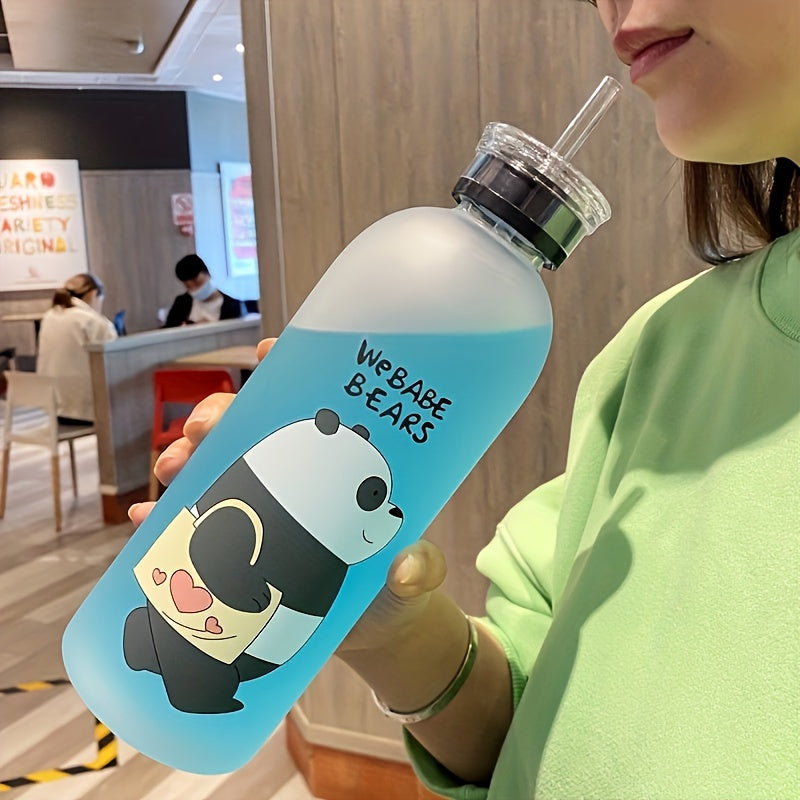 Large-capacity cute panda water bottle with straw - perfect for students and outdoor activities, BPA-free and lightweight PC plastic.