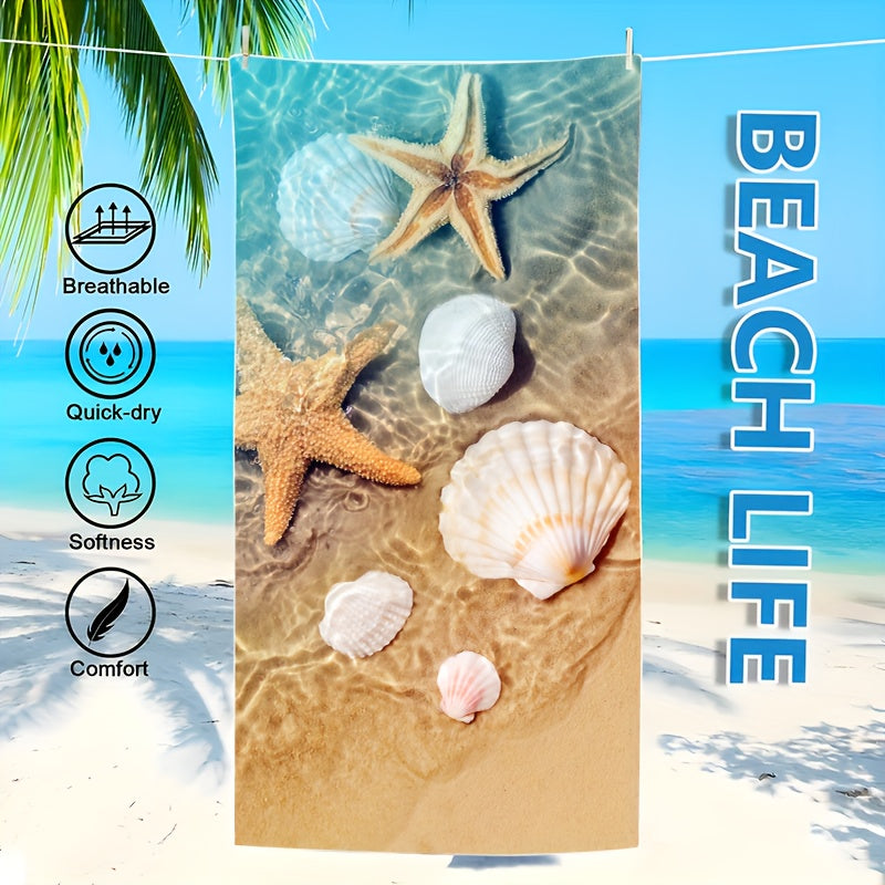 Soft, quick-dry beach towel with starfish and seahorse design. Sand-resistant, super absorbent microfiber. Ideal for pool, camping, yoga, diving. Tropical style in two sizes. Perfect for travel and yoga.