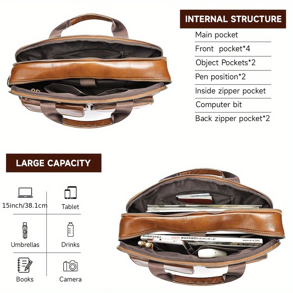Мужская кожаная деловая сумка для путешествий с регулируемым плечевым ремнем, отделением для ноутбука, несколькими карманами на молнии, из коричневой кожи высшего сорта.