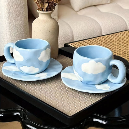 Cloud-shaped ceramic coffee mug with saucer - reusable, handwash only, ideal for breakfast & office use - great gift idea.