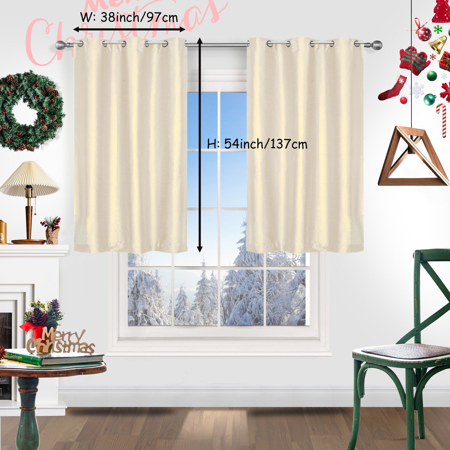 Add a festive touch to your space with 2 pieces of red Christmas curtains. These curtains are made of faux silk with a grommet top design, providing both style and functionality. Perfect for living rooms, bedrooms, offices, kitchens, and studies, these