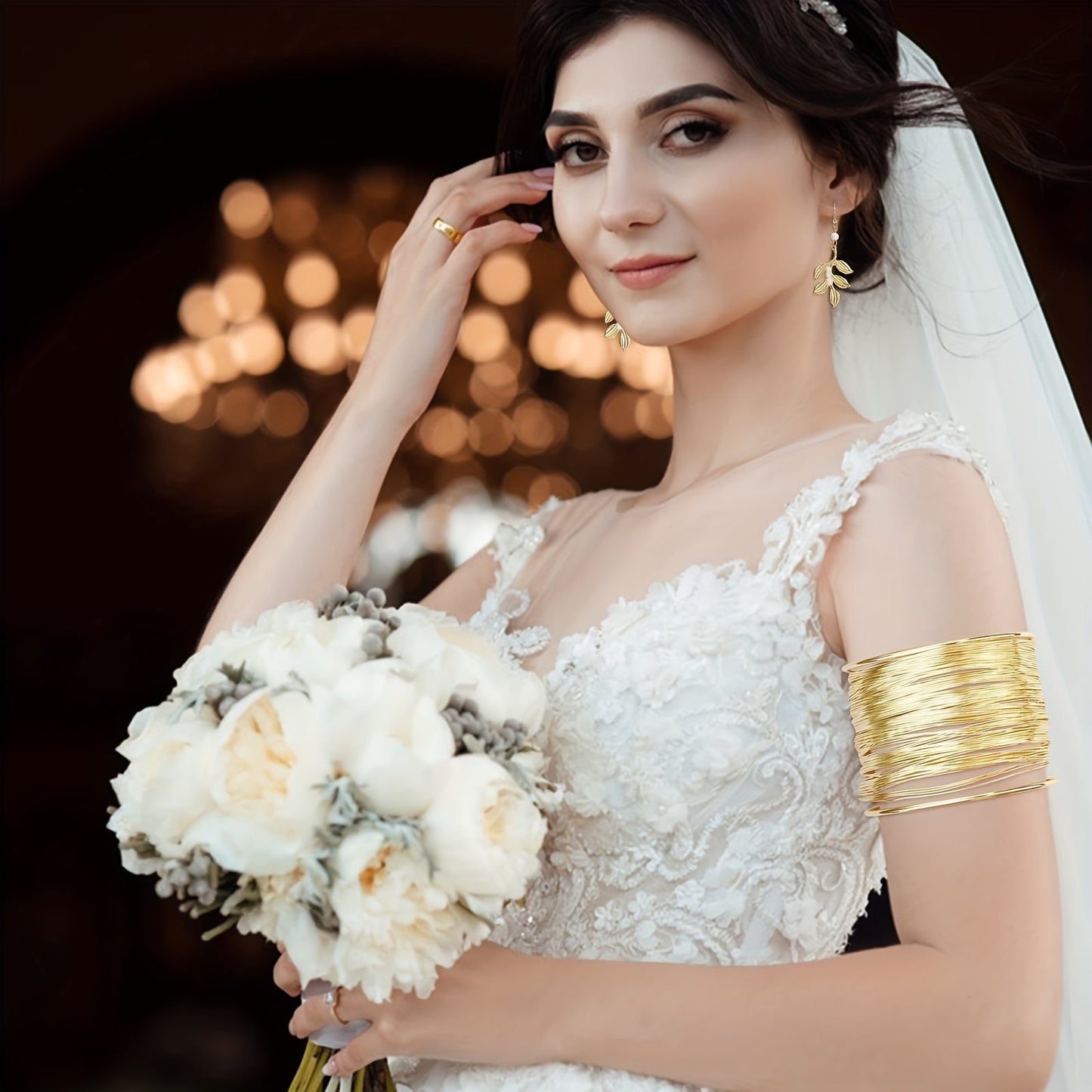 Ensemble of Greek Goddess-Inspired Costume Accessories, Featuring a Leaf-Shaped Crown, Headband, Bracelet, Earrings, and Bridal Tiara