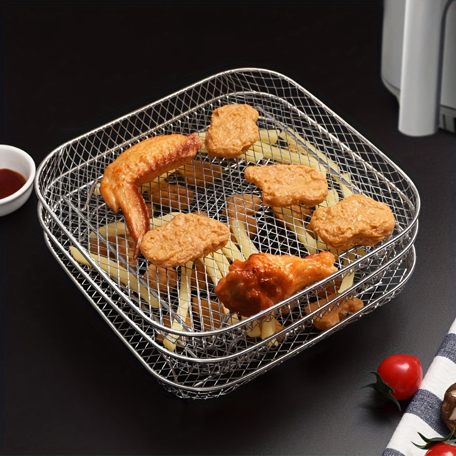 Set of stainless steel air fryer accessories includes a versatile stackable rack, dehydrator stand, BBQ basket, grilling rack, oil brush, and food tongs. Compatible with square air fryers, this kit comes in a 1/3 piece set.