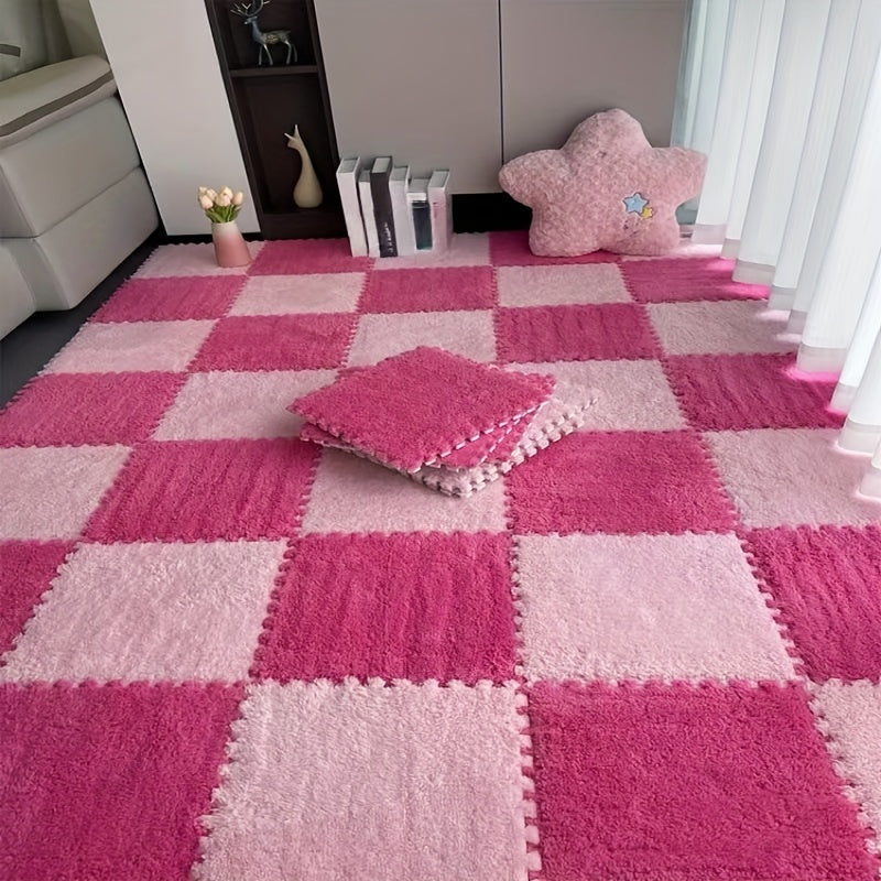 24-piece set of geometric plush area rugs made from washable polyester & EVA, perfect for indoor use in bedrooms and living rooms, pet-friendly and holiday themed.