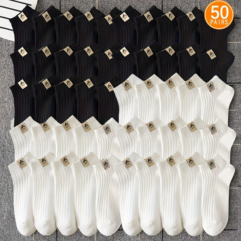 Pack of 10/20/30 Solid Black and White Pattern Men's Anklet Crew Socks, Breathable and Comfortable for Spring and Summer.