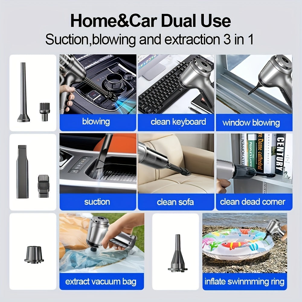 Portable cordless handheld vacuum cleaner with rechargeable brushless motor cyclone suction, suitable for car, office, and home use. Can be used for both suction and blowing, making it a