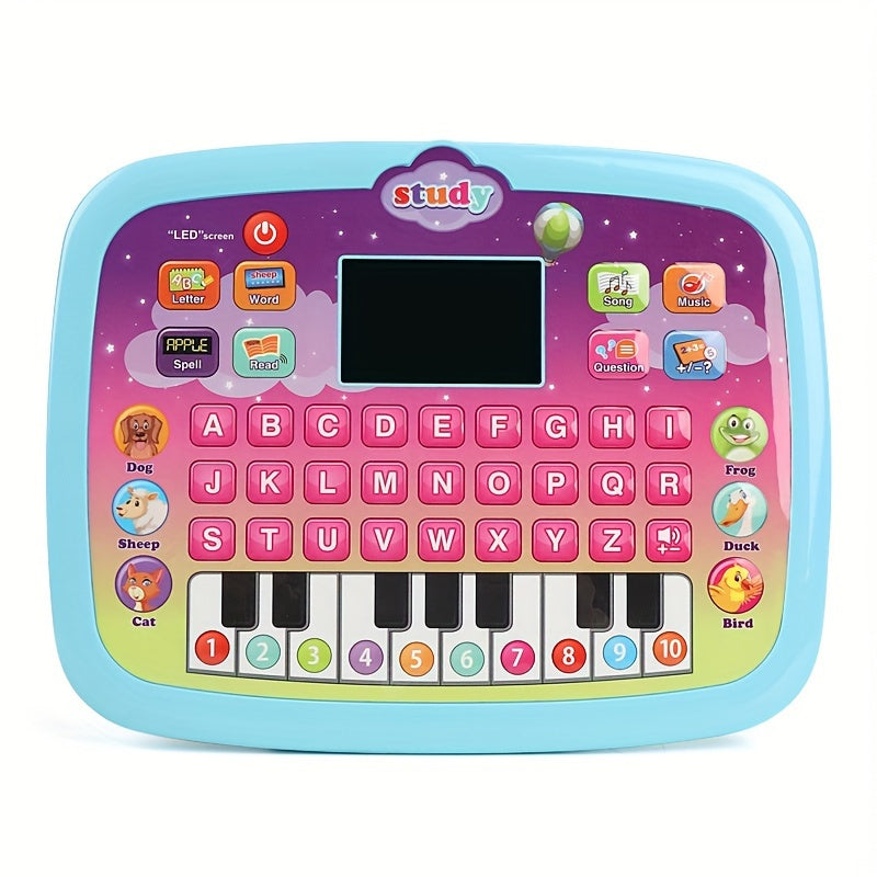 Interactive Tablet Learning Pad with LED Screen, designed to teach Alphabet, Numbers, Words, Music, and Math. This electronic toy promotes development and learning in a fun way. Perfect as a Halloween or Christmas gift. (Batteries not included)