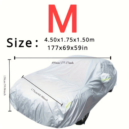 Car cover with UV and dust protection, suitable for cars, pickups, SUVs, and hatchbacks. Features reflective strip for added protection. Suitable for outdoor use.