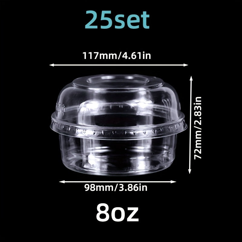 25 sets of clear plastic dessert cups with lids made from PET material, designed for reuse. These round candy packaging boxes are perfect for cakes, sweets, and fruit. They are transparent food containers suitable for both home and party use.