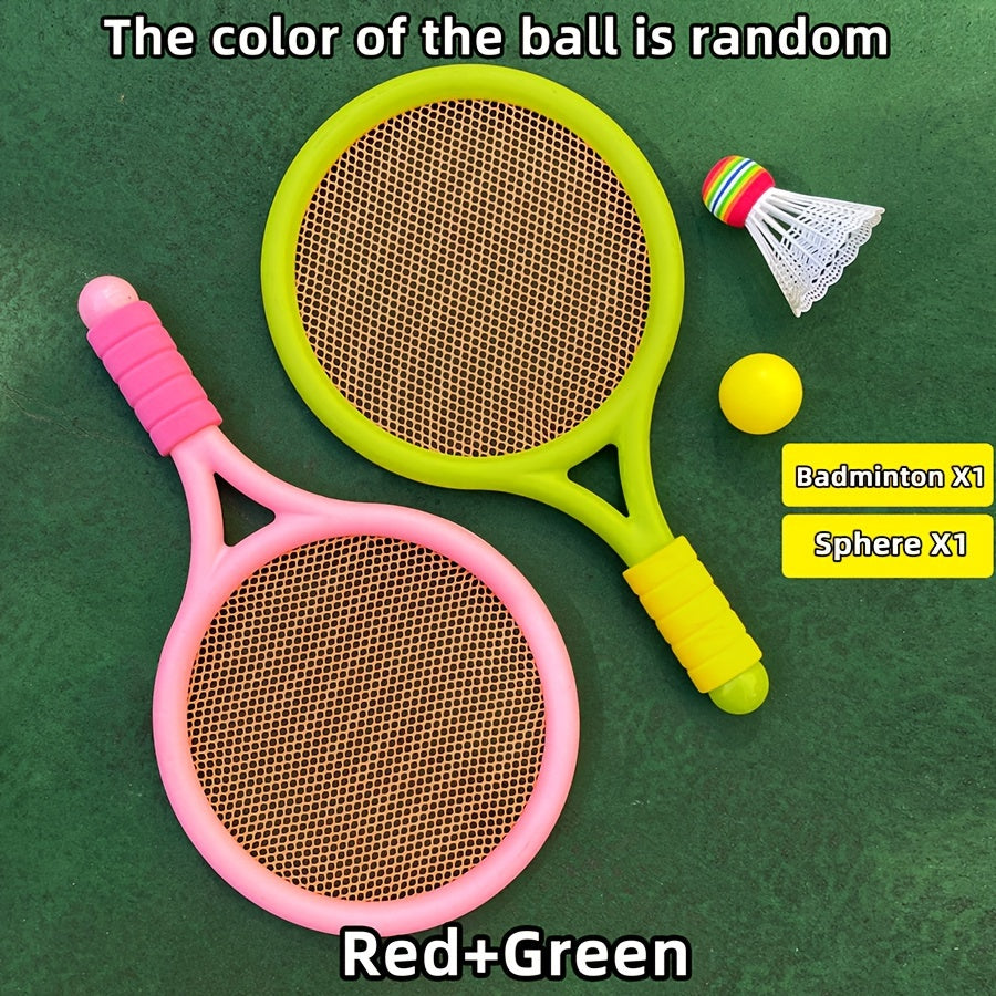 Kids badminton and tennis racket set for ages 3-6. Interactive outdoor family sports game. Educational coordination play toys made of durable plastic with anti-slip soft handle.