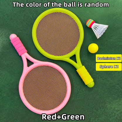 Kids badminton and tennis racket set for ages 3-6. Interactive outdoor family sports game. Educational coordination play toys made of durable plastic with anti-slip soft handle.