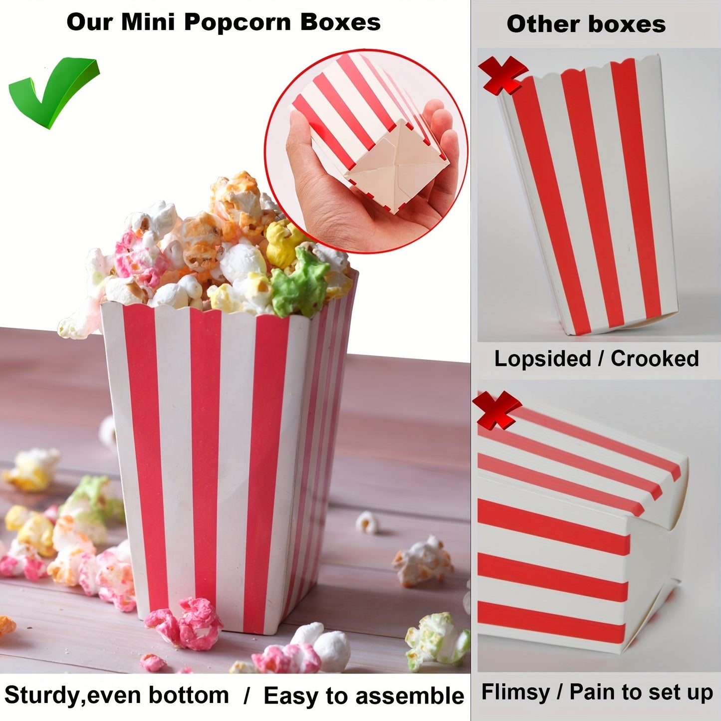 100 Disposable Red and White Popcorn Boxes - 2.27oz, Ideal for Movie Theaters, Home Use, or Carnival Parties - 250gsm Quality