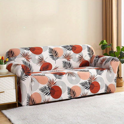 Modern printed sofa slipcover with elastic closure, made of 95% polyester and 5% spandex. Machine washable with active printing and stitched craftsmanship. Fits armchairs to sectional sofas, weighing 100-120gsm fabric.