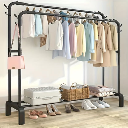 Large capacity, floor-standing clothes drying rack with double pole design. Suitable for bedroom, balcony, or bathroom. Requires self-assembly.