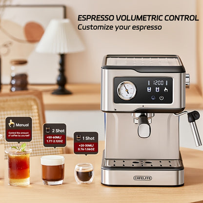 Programmable espresso machine with 20 bar pump, LCD touchscreen, stainless steel milk frother steam wand, and 1.5L water tank. Suitable for latte, cappuccino, Americano, and espresso.