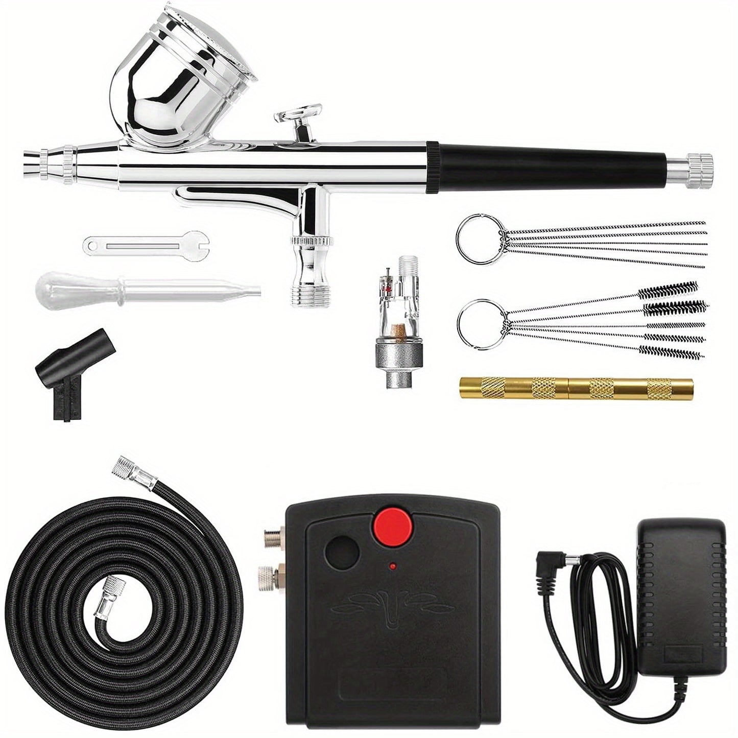 Portable mini airbrush kit with compressor, dual-action gravity feed brushes and European standard plug for hobby, craft, cake decorating, and tattoo applications. Plastic material, no