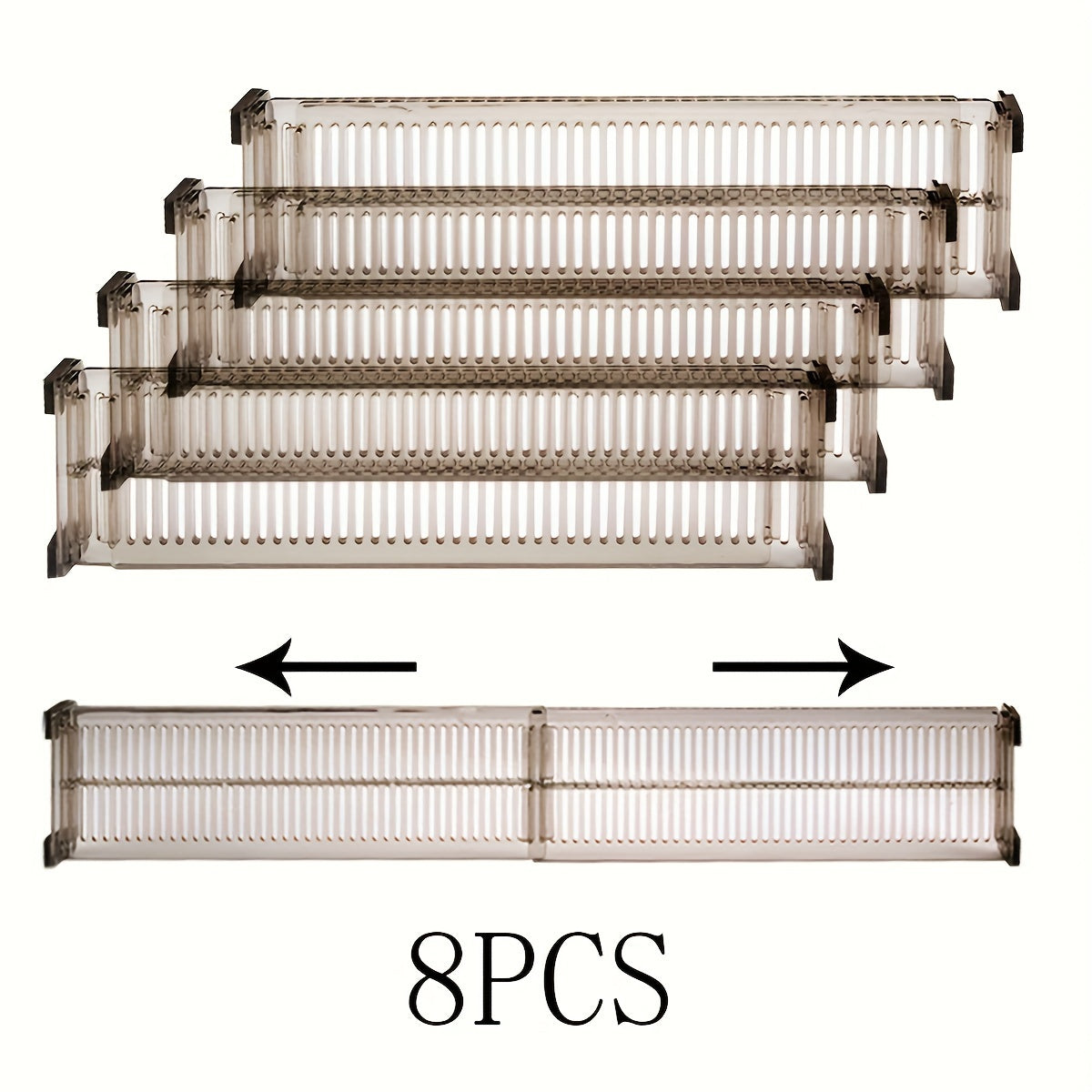 8 adjustable drawer dividers for organizing underwear and socks. Made of durable plastic with expandable grids.