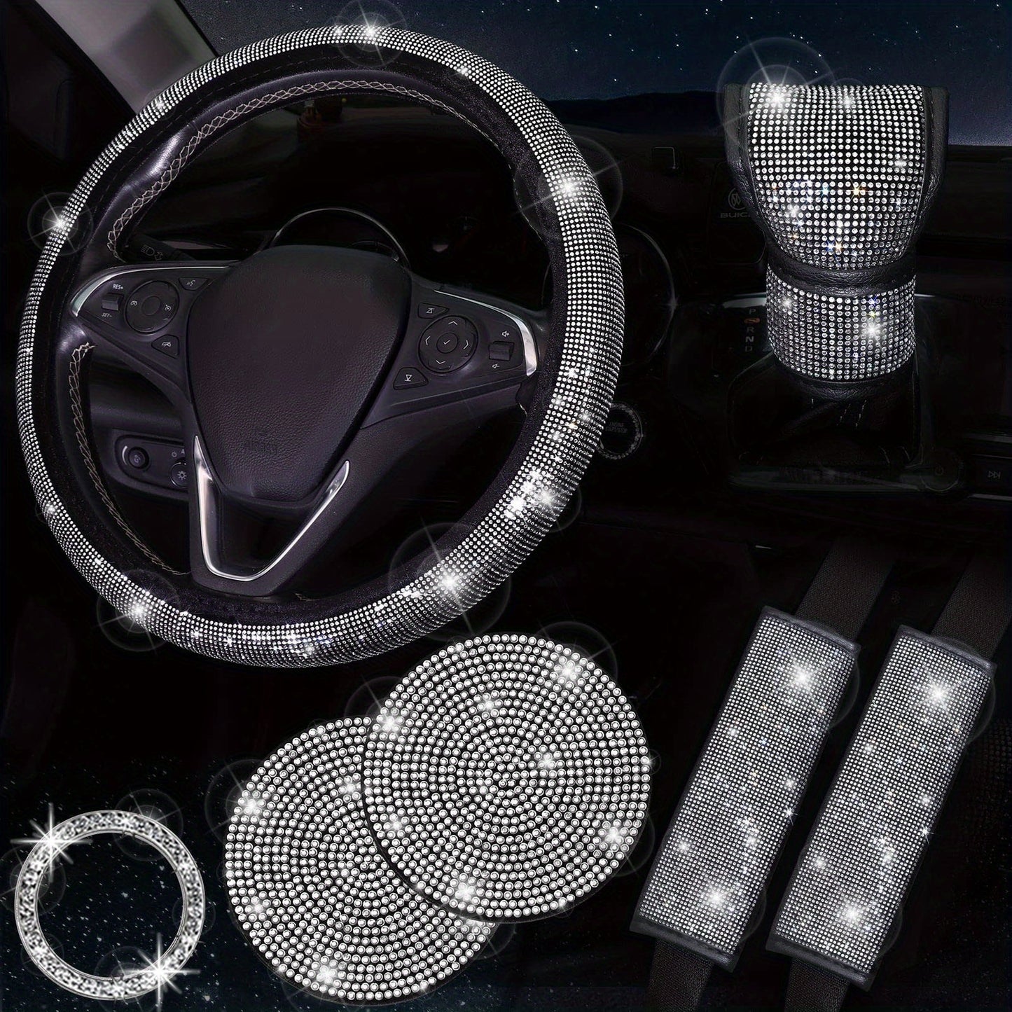 Women's bling car accessories: steering wheel cover, coasters, seat belt shoulder pads, ring sticker, and gear shift cover.