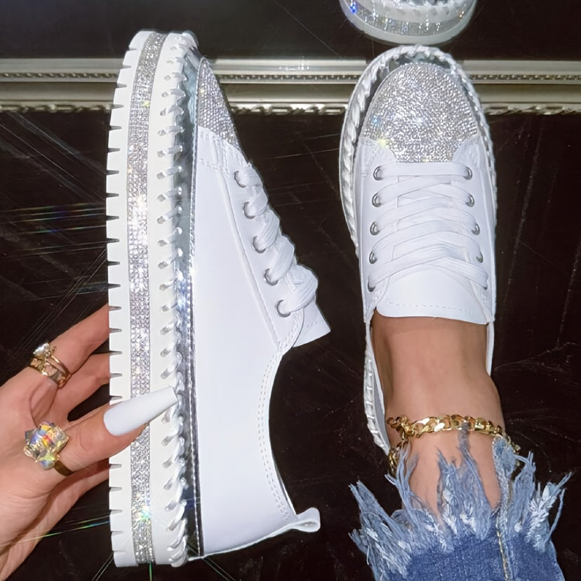 Sparkling Rhinestone Women's Sneakers, Stylish Platform Casual Shoes, Comfortable White Lace-up Flats in Plus Size.