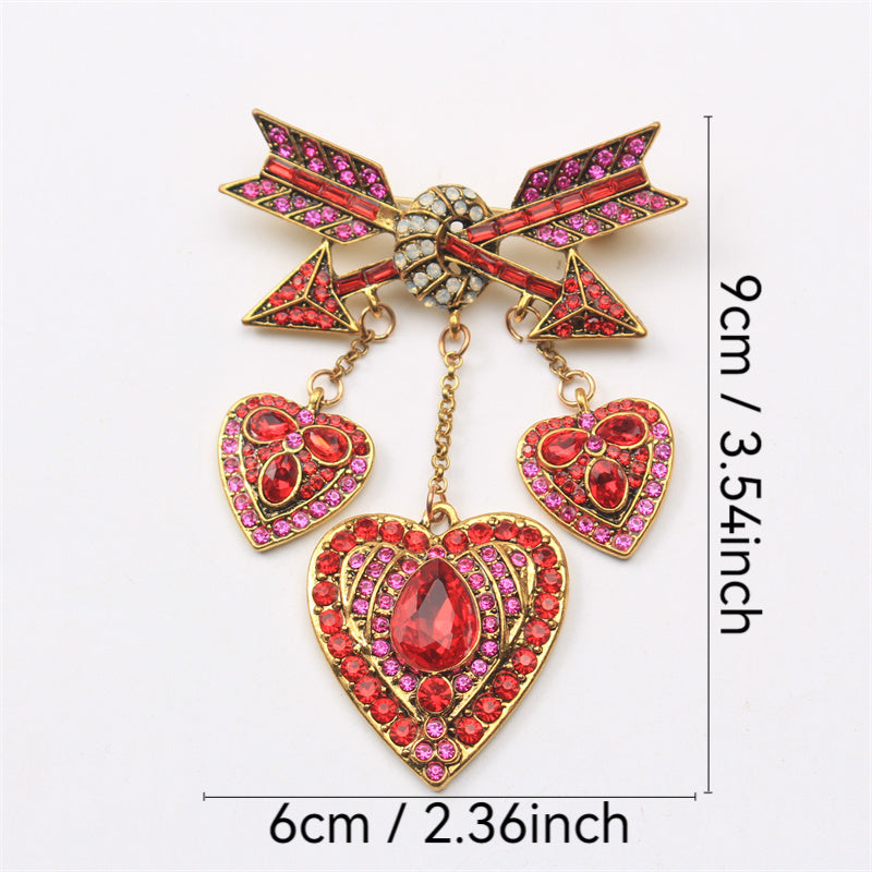 Chic and Opulent Rhinestone Enamel Heart Brooch, Love Arrow Pin, Unique Simulation Modeling Accessory with Stylish Fringe Detail