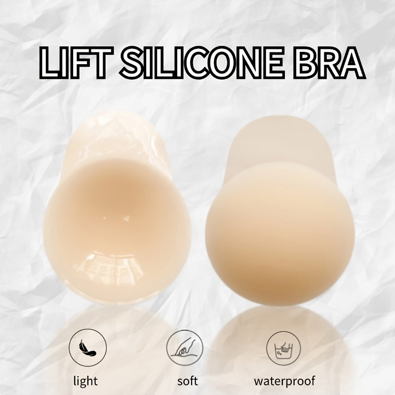 Silicone lift bra pasties, waterproof, perfect for strapless dresses, elegant beige color.