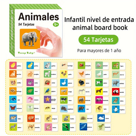 54 Spanish children's animal word learning cards with corresponding image cards, featuring small animals and rounded corners for safety.