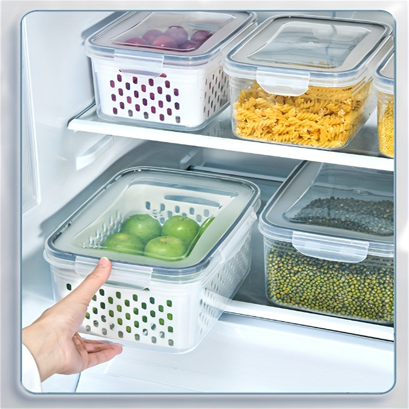 Reusable airtight plastic food storage containers featuring removable colanders, clip-on seal, and rectangle produce savers. Dishwasher safe and great for storing fresh berries, fruits, vegetables, and meat.