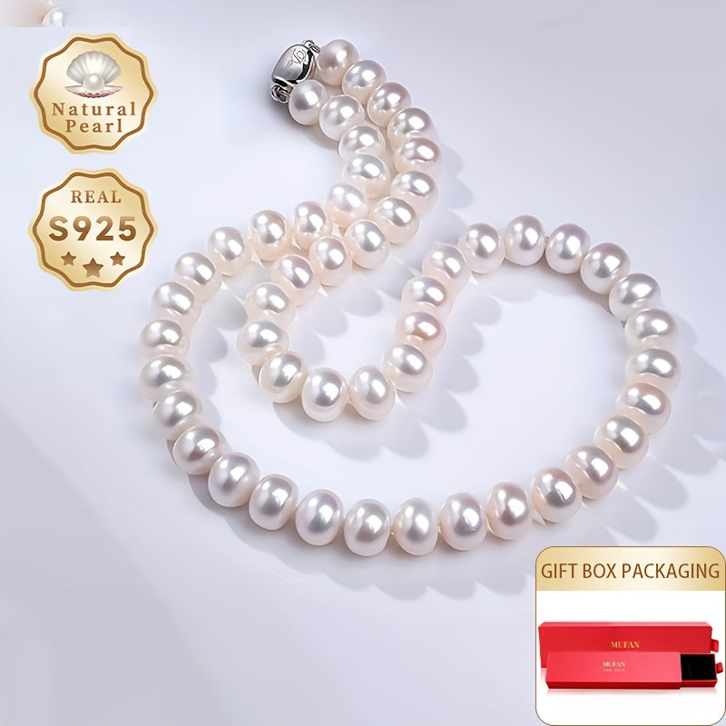 Exquisite Freshwater Pearl Necklace crafted for Women, Made with S925 Silver and 10-11mm Thick Natural Pearls. Ideal Present for June Birthdays, Comes in a Gift Box with Varied Shapes, Colors, and Random Patterns - By MUFAN